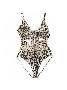 aerie | One Piece Open Stomach Front Tie Brown Leopard Print Swimsuit Sz M Long